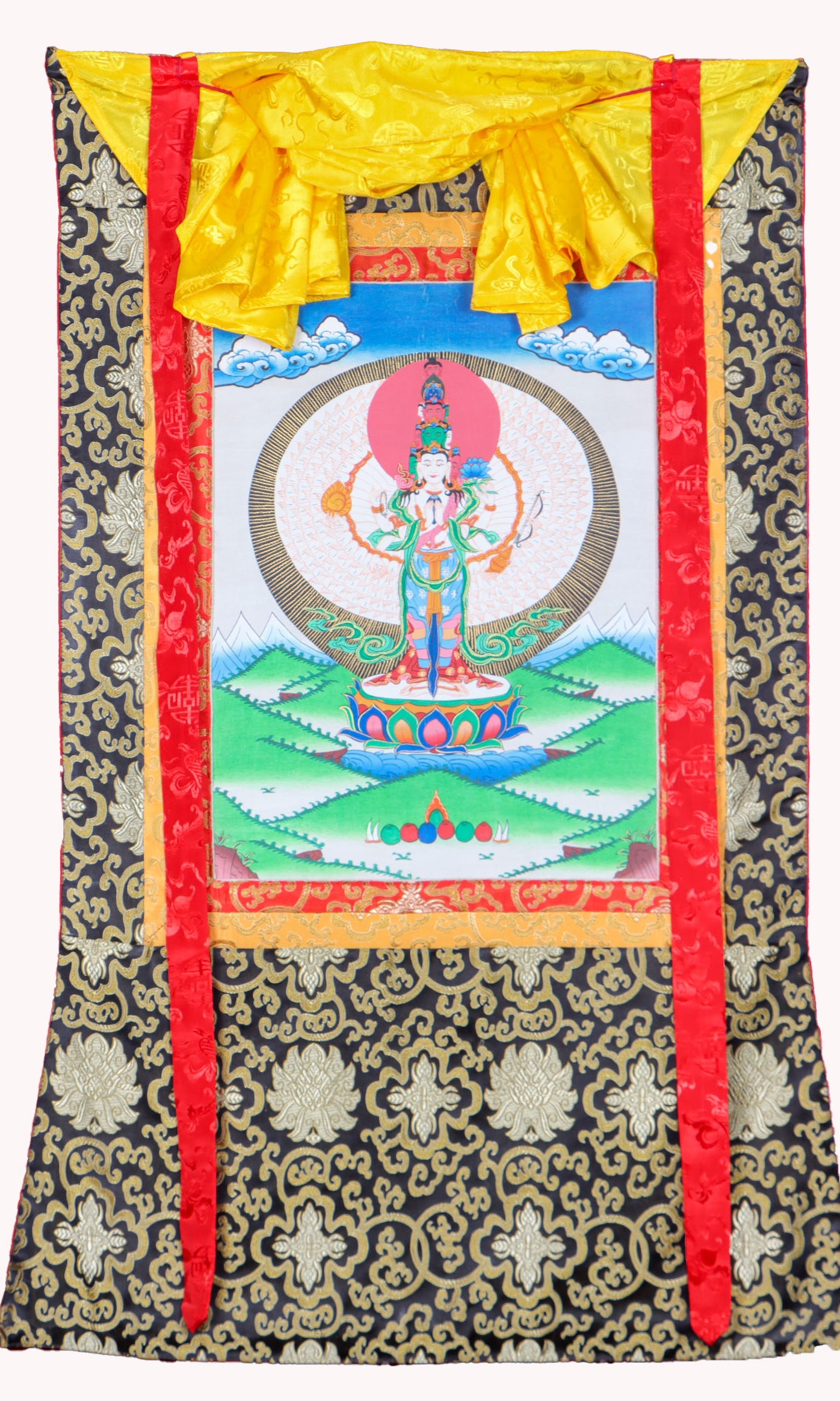 Avalokiteshvara Brocade Thangka Painting for wall decor.