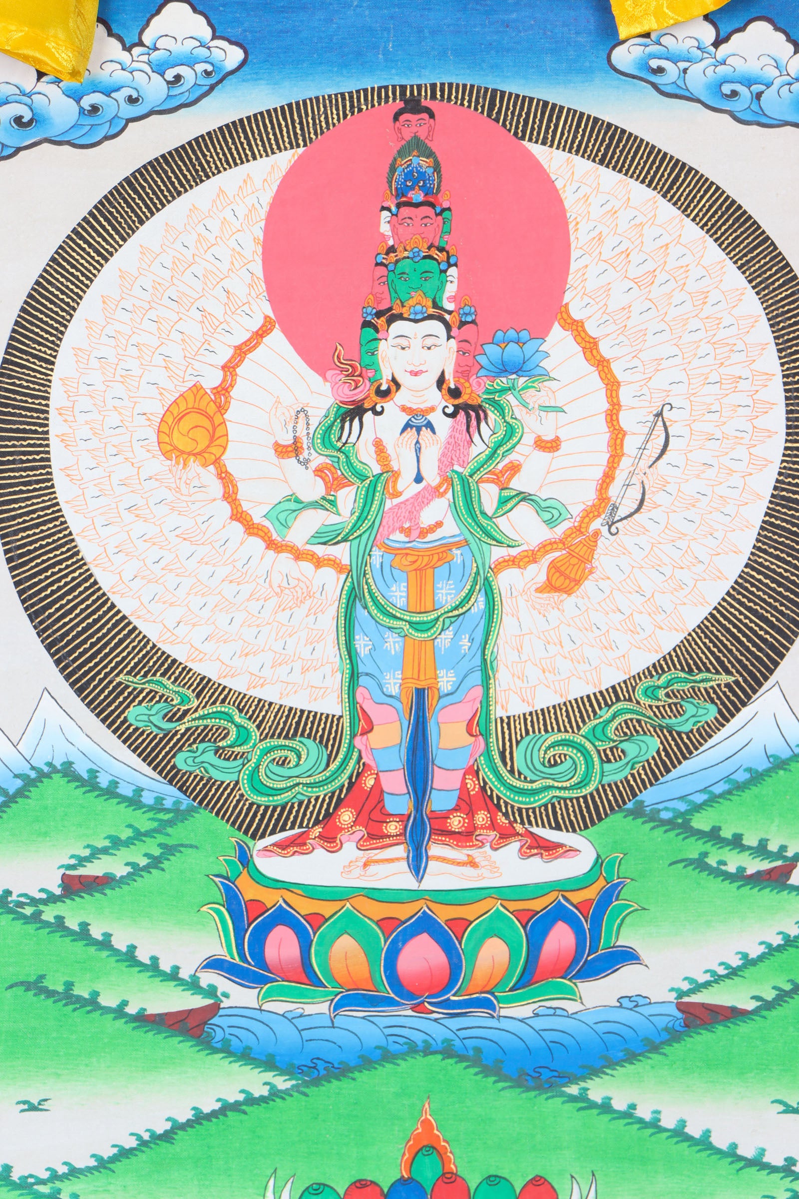 Avalokiteshvara Brocade Thangka Painting for wall decor.