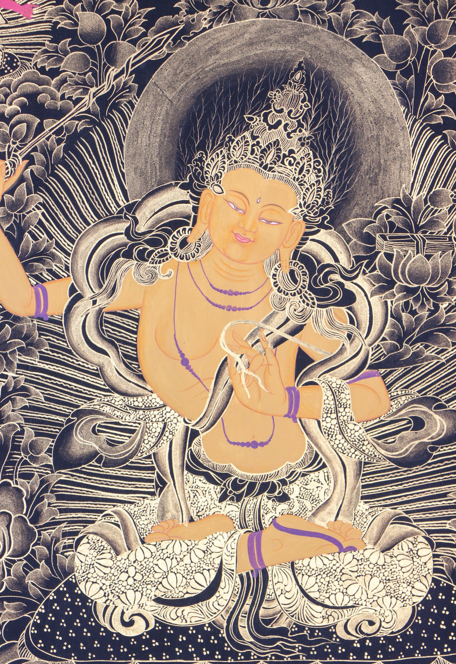Manjushri Thangka Painting serves as visual aid for meditation.