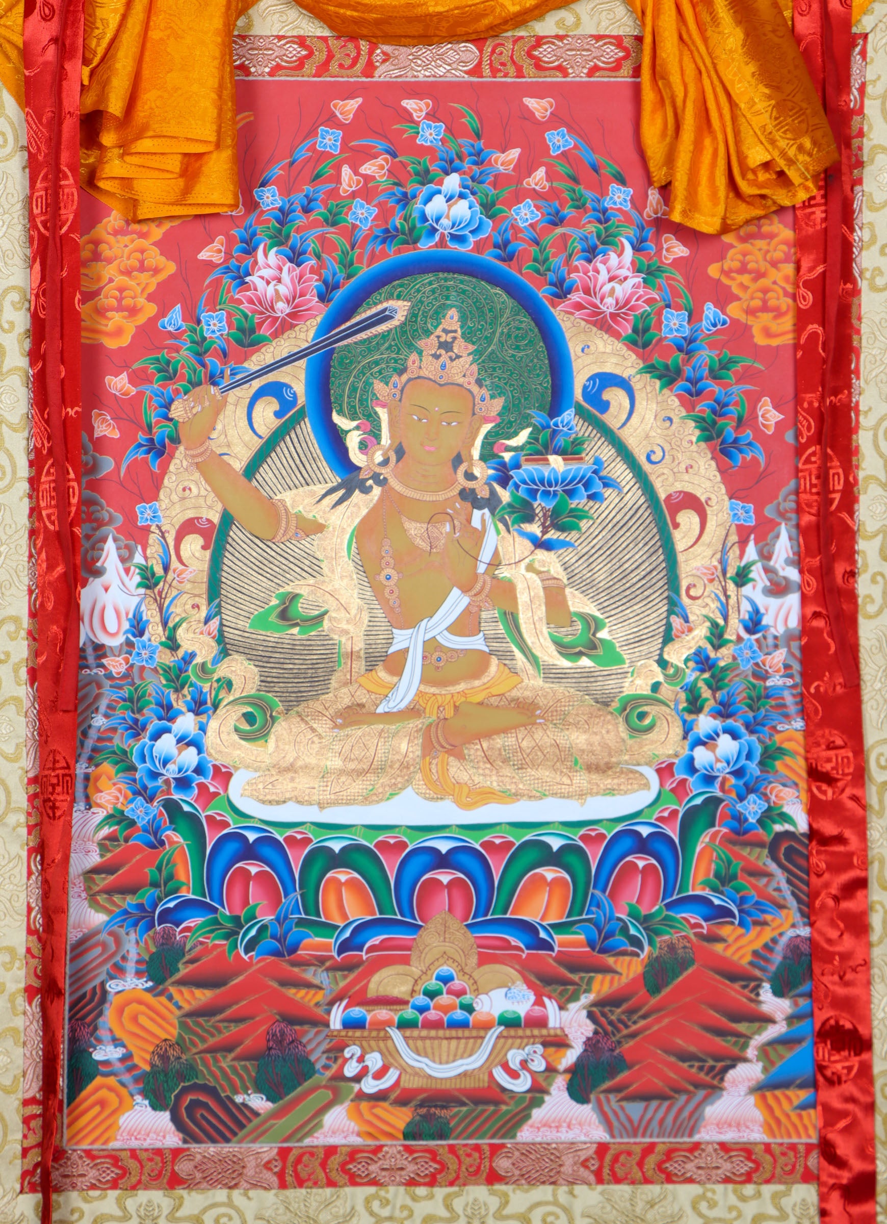 Manjushri Brocade Thangka Painting for knowledge and enlightment.