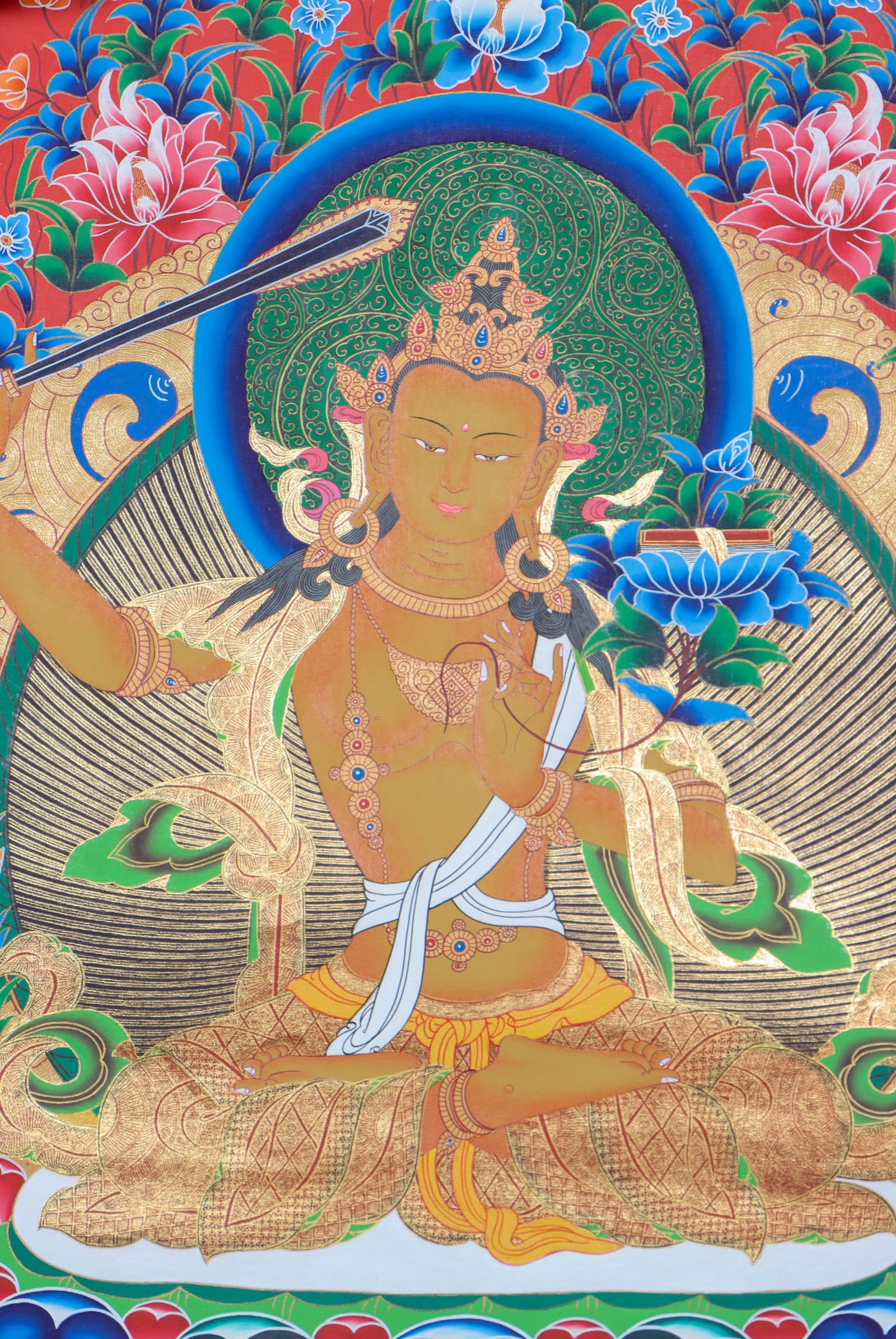 Manjushri Brocade Thangka Painting for knowledge and enlightment.