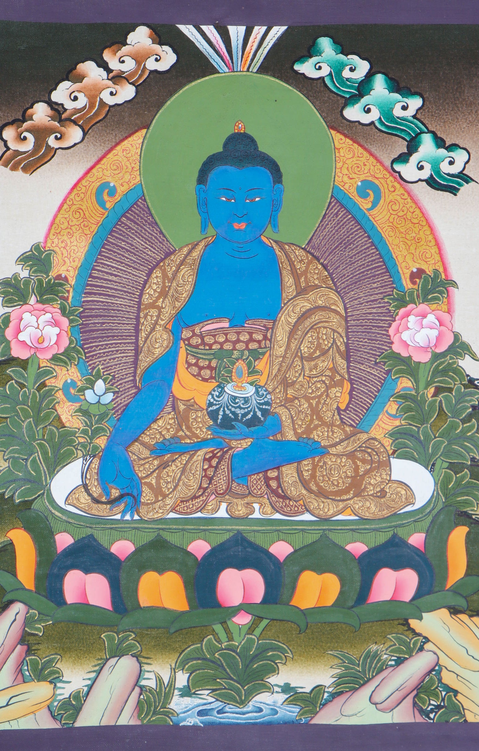 Medicine Buddha thangka for  devotional, meditative, and therapeutic tools. 