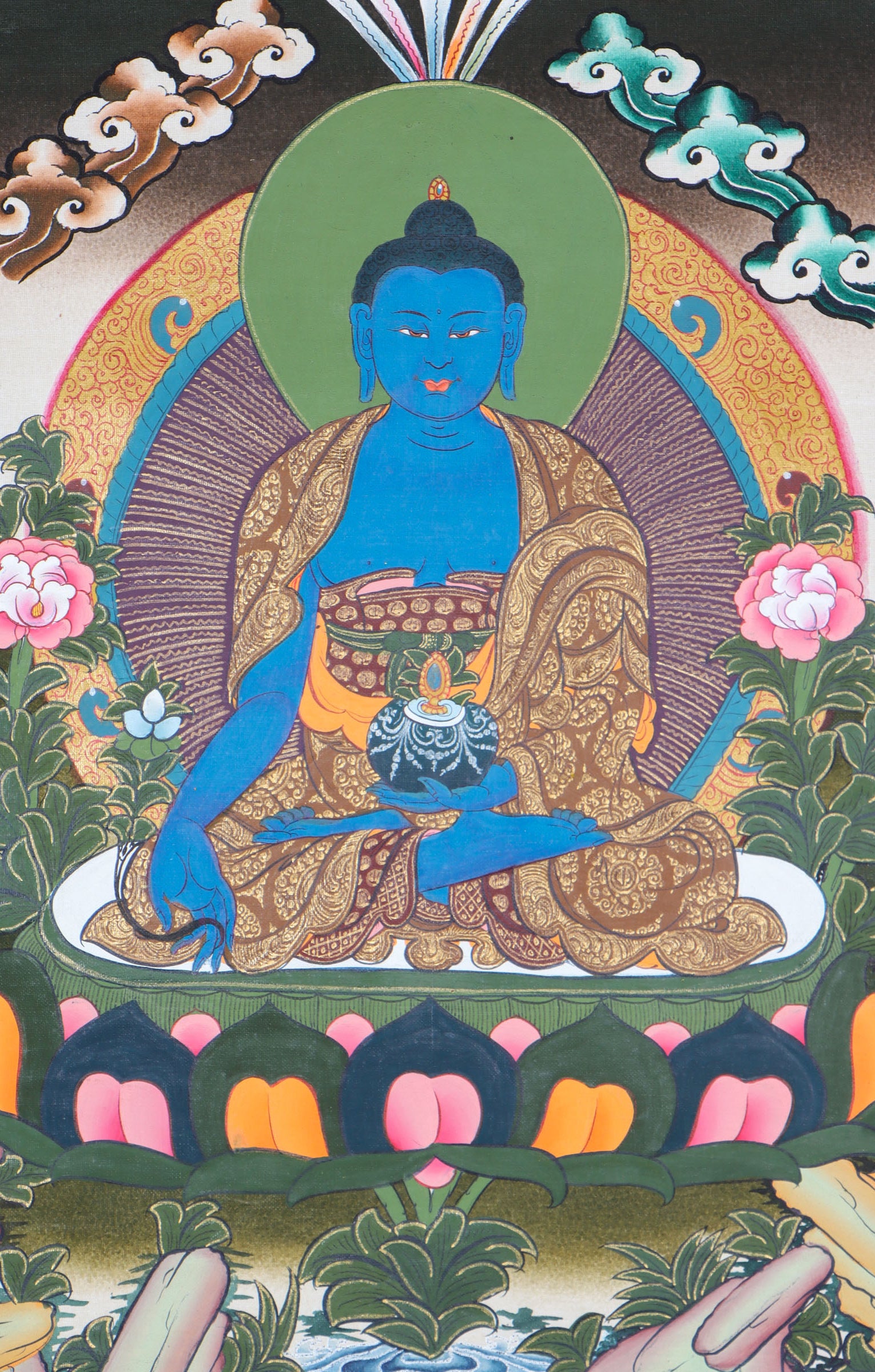 Medicine Buddha thangka for devotional, meditative, and therapeutic tools.