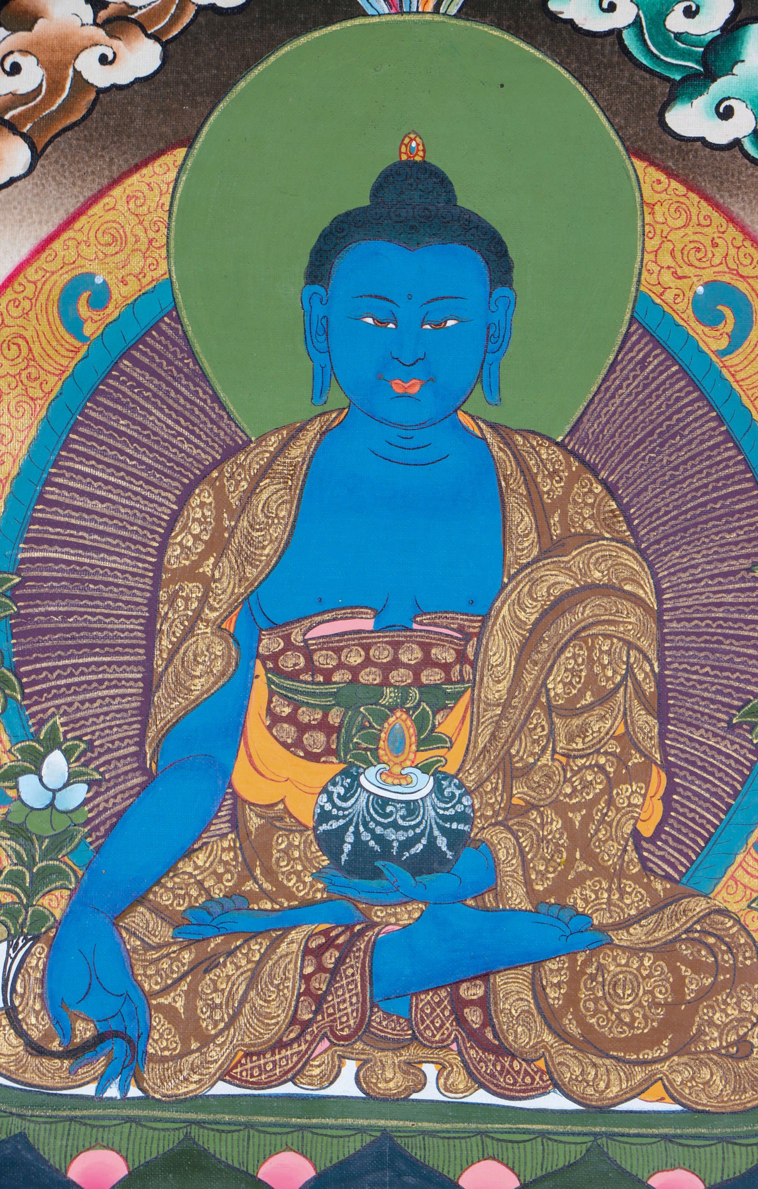 Medicine Buddha thangka for devotional, meditative, and therapeutic tools.