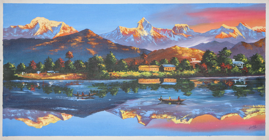 Oil painting of Mount Machapuchare for wall decor. 