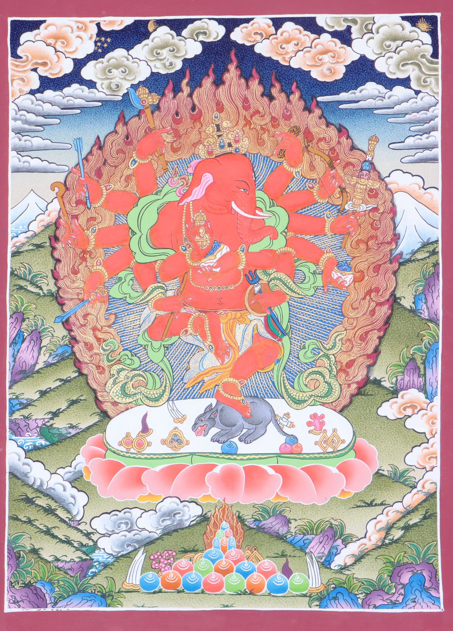 The Red Ganesh Thangka aids devotees to connect with and seek blessings from Lord Ganesh.