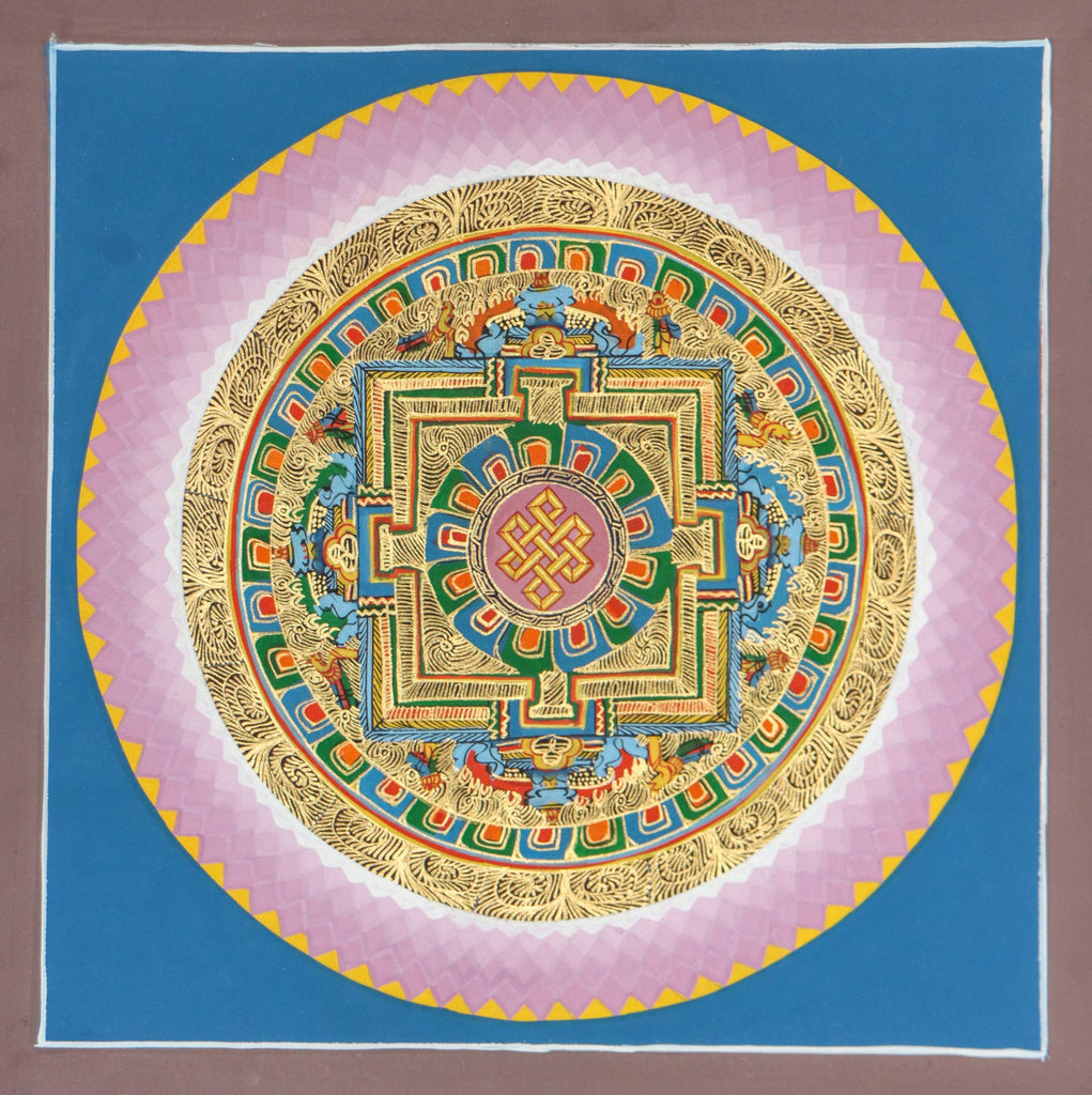  Tibetan Round Mandala Thangka with endless knot symbol scripted in its center .