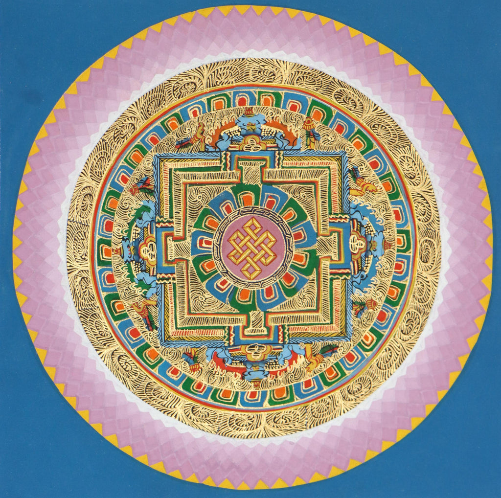 Tibetan Round Mandala Thangka with endless knot symbol scripted in its center .