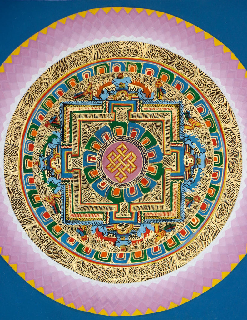 Tibetan Round Mandala Thangka with endless knot symbol scripted in its center .
