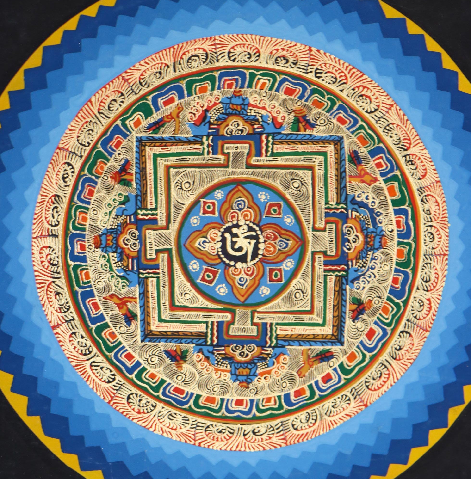 Close view of Round Mandala Thangka  painted by the skilled artisans of Nepal