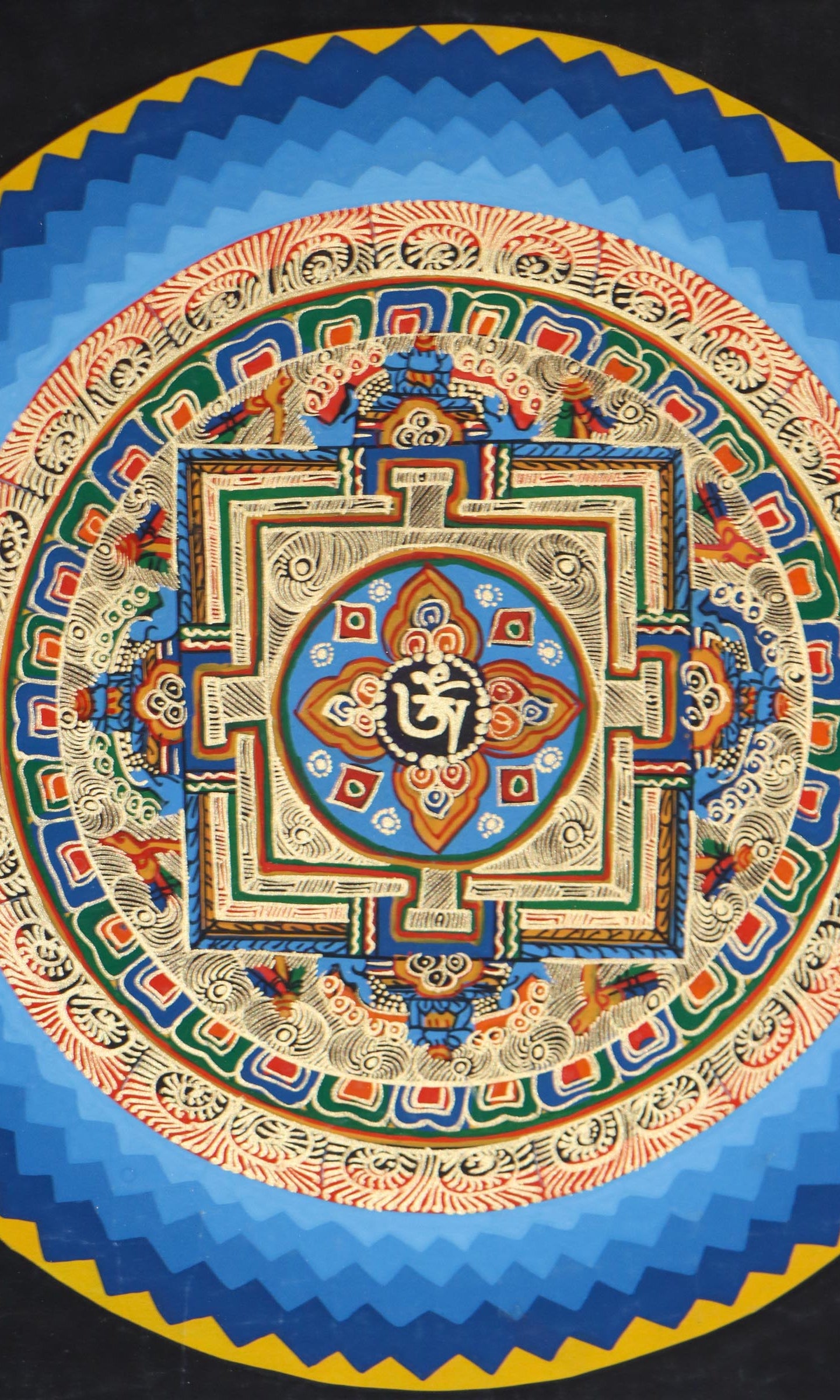 Close view of Round Mandala Thangka  painted by the skilled artisans of Nepal