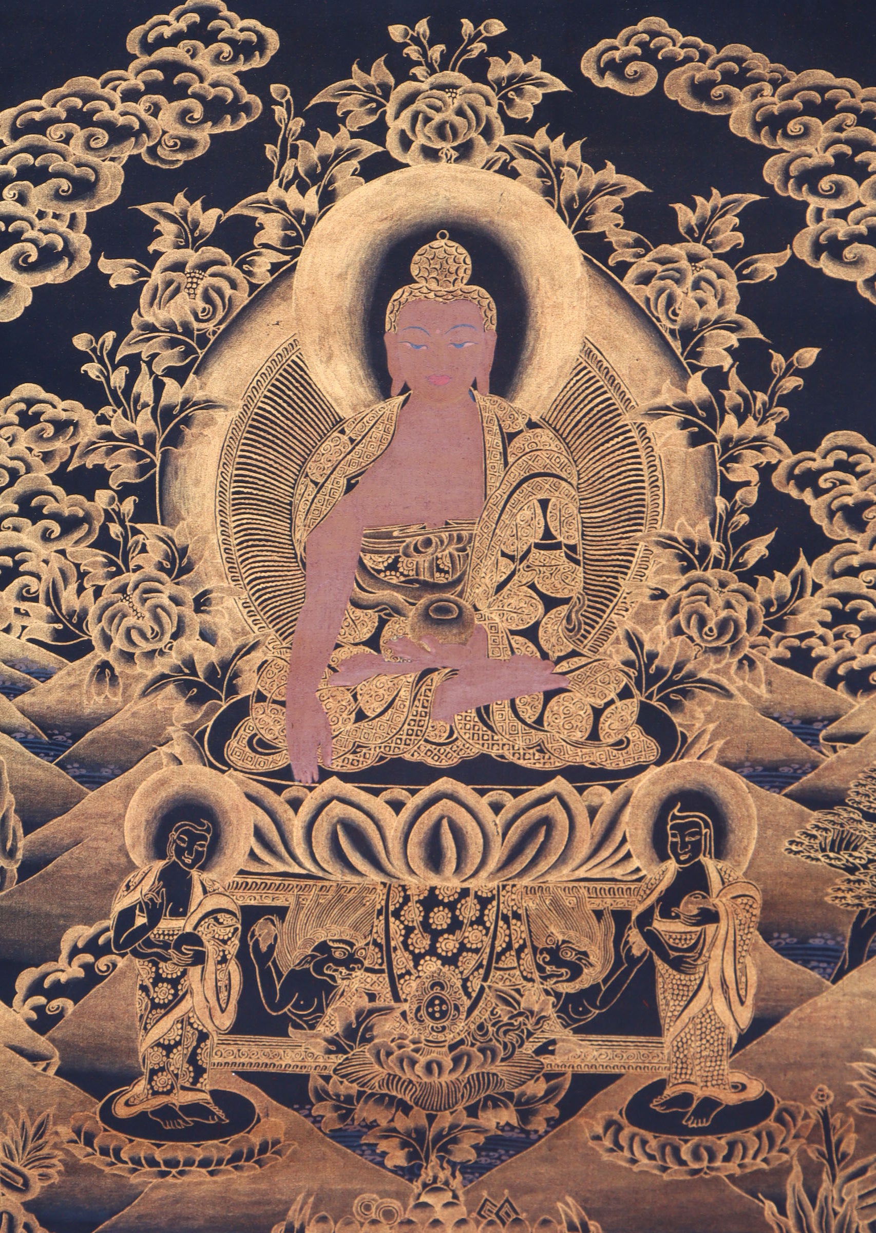 Antique Shakyamuni Buddha Thangka for wall decor.