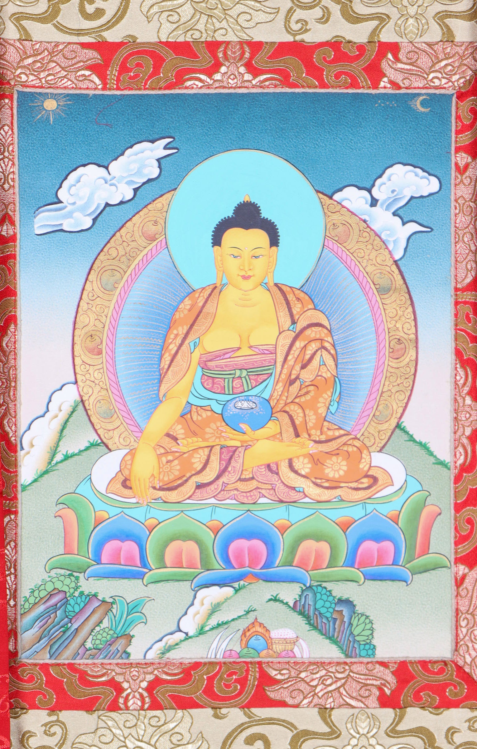 Shakyamuni Buddha Brocade Thangka Painting for wall decor.
