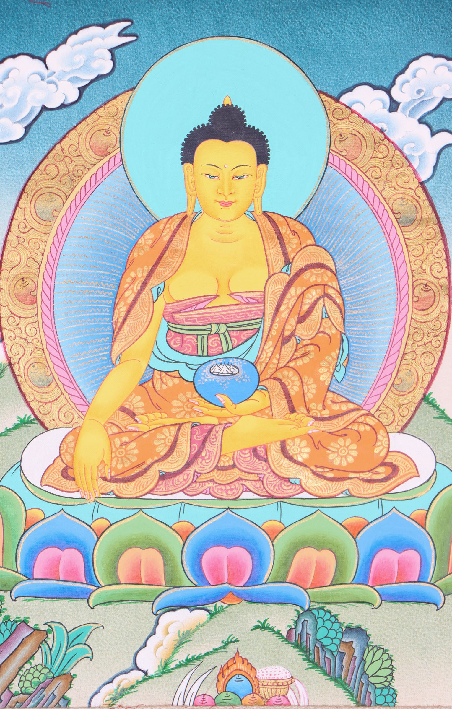 Shakyamuni Buddha Brocade Thangka Painting for wall decor.