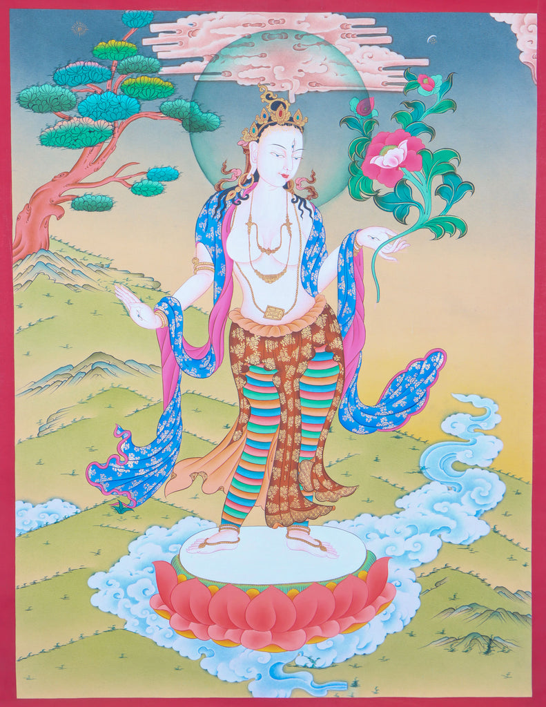 Standing White Tara Thangka Painting for wall decor.