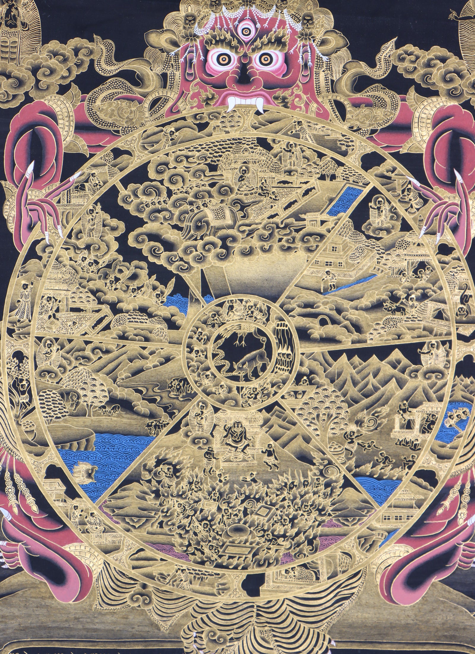 Wheel of life thangka for for aiding meditation and self-reflection on the road to enlightenment.