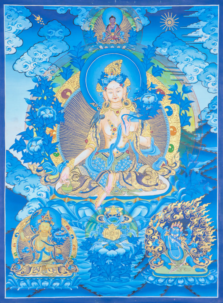 White Tara Thangka Painting for prayer and devotion.