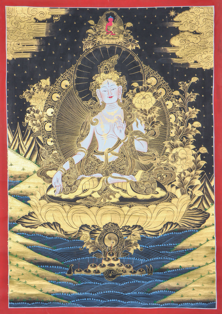 White Tara Thangka painting for compassion, longevity, healing, and protection.