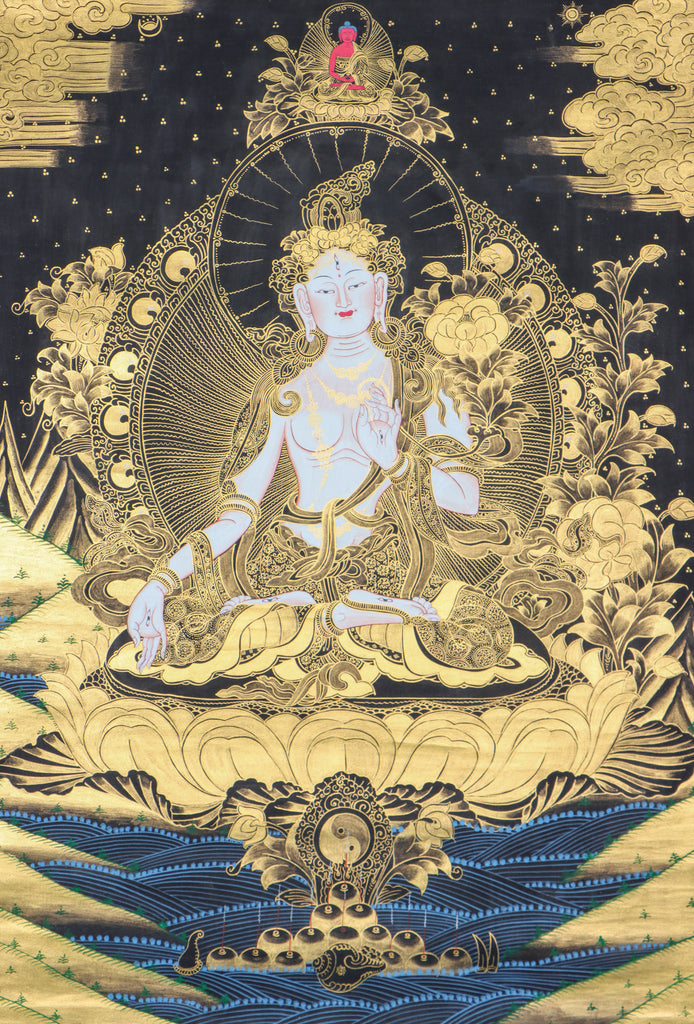 White Tara Thangka painting for compassion, longevity, healing, and protection.