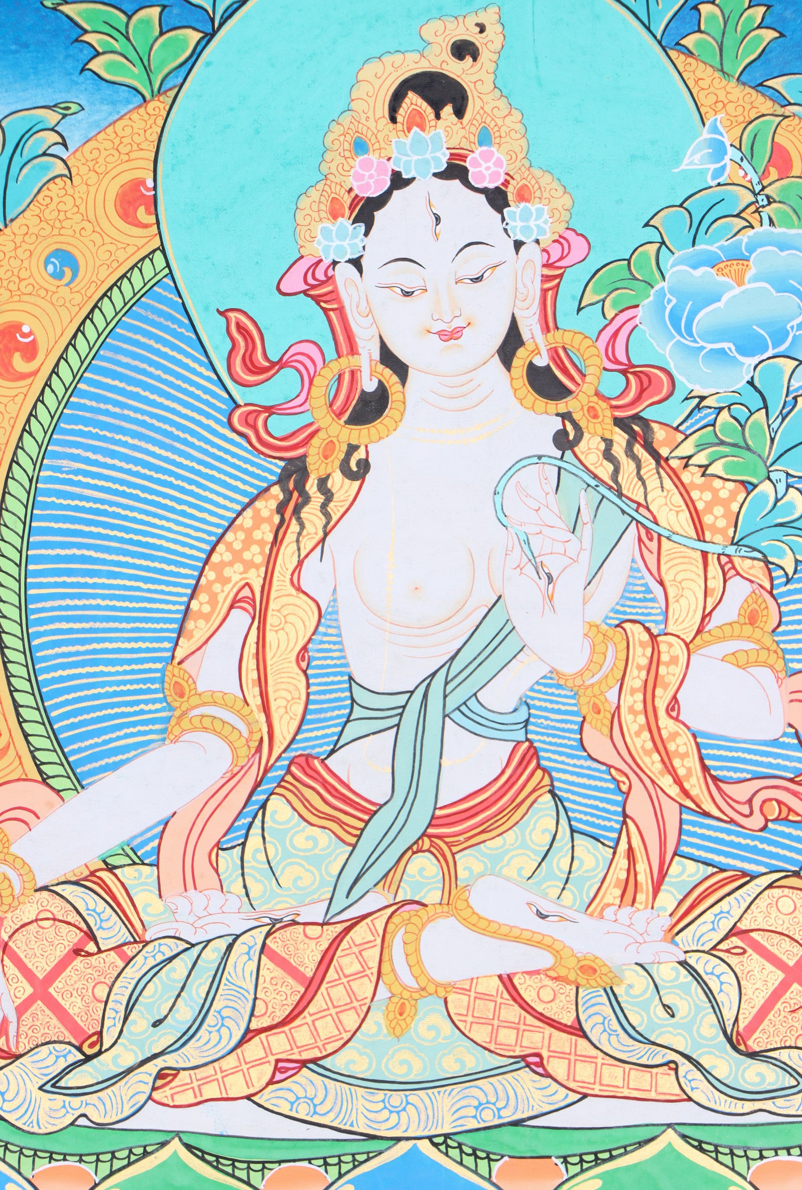 White Tara thangka painting for compassion, longevity, and healing.