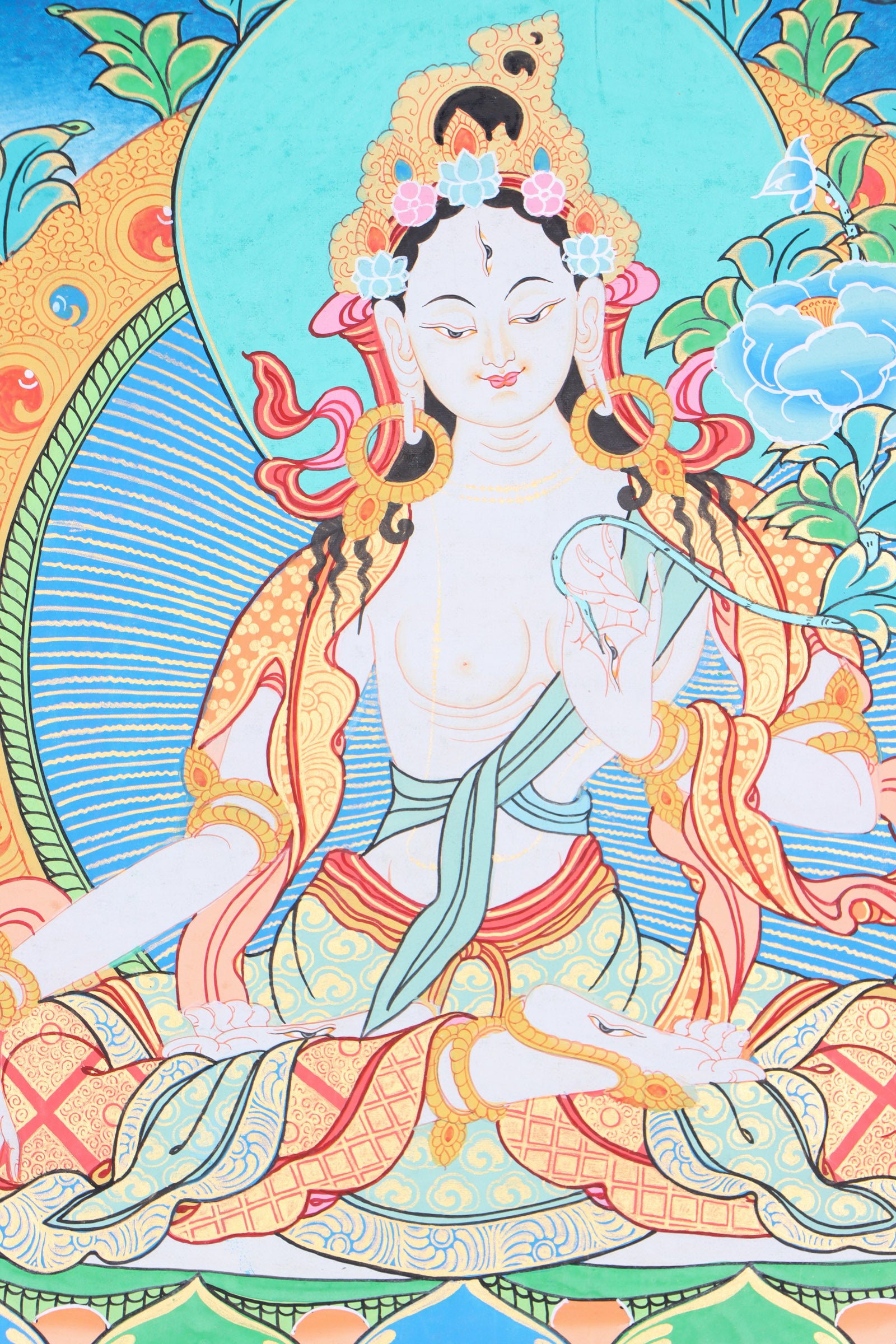 White Tara thangka painting for compassion, longevity, and healing.