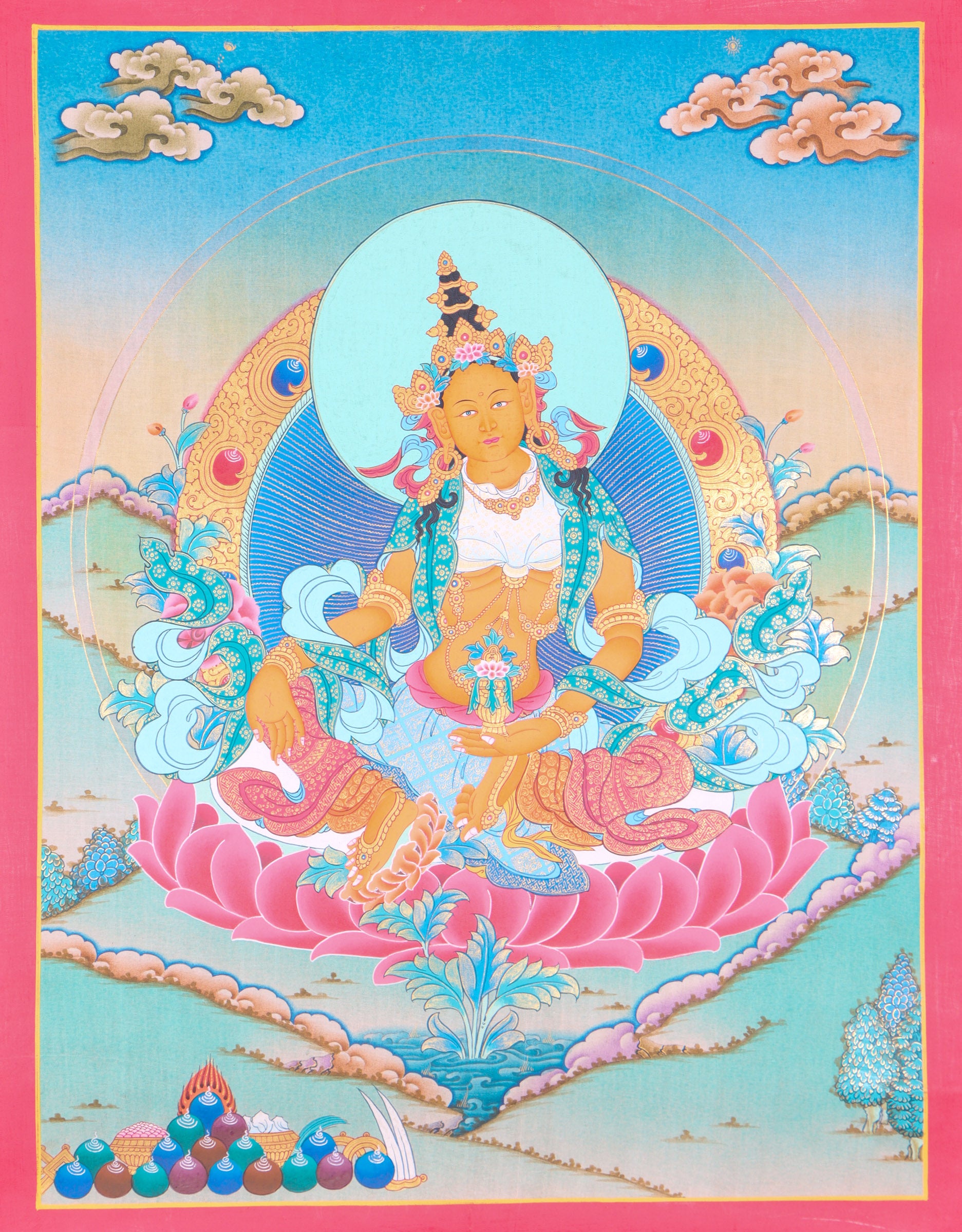 Yellow Tara Thangka Painting for Buddhist rituals, ceremonies and meditation practices