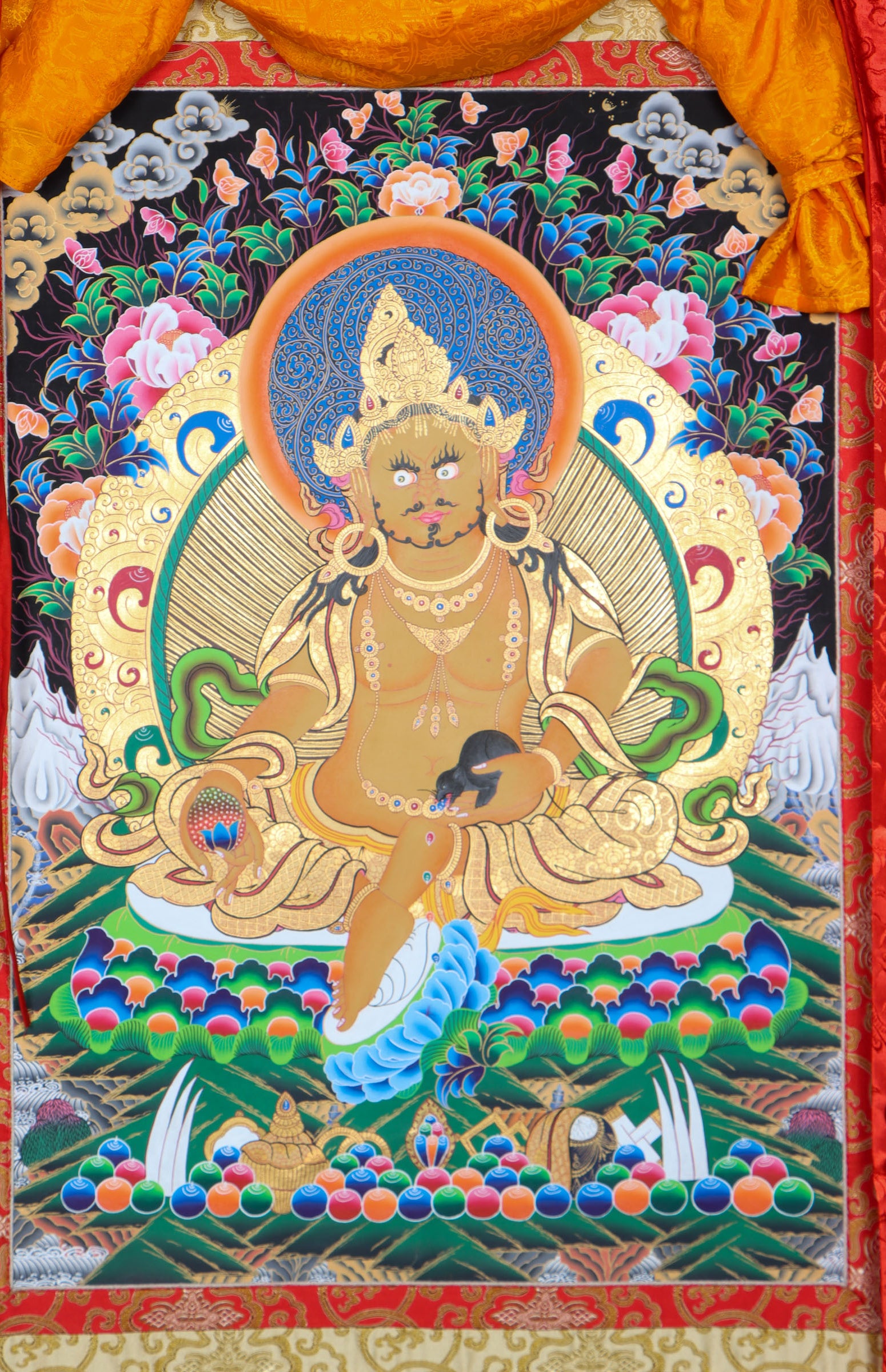 Brocade Zambala Thangka Painting - Handpainted Art