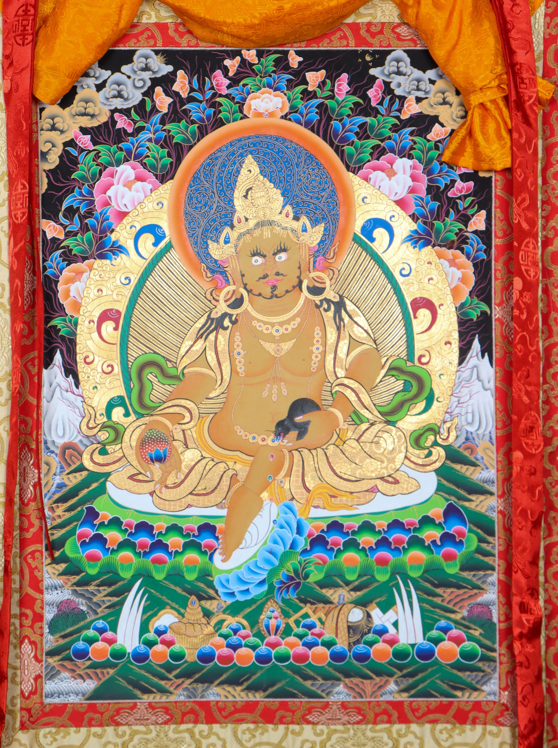 Brocade Zambala Thangka Painting - Handpainted Art