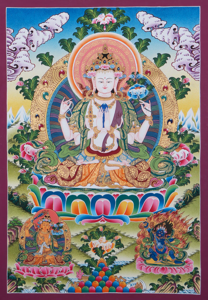 Avalokiteshvara  form - Chengresi Thangka with Manjushri and Bajrapani 