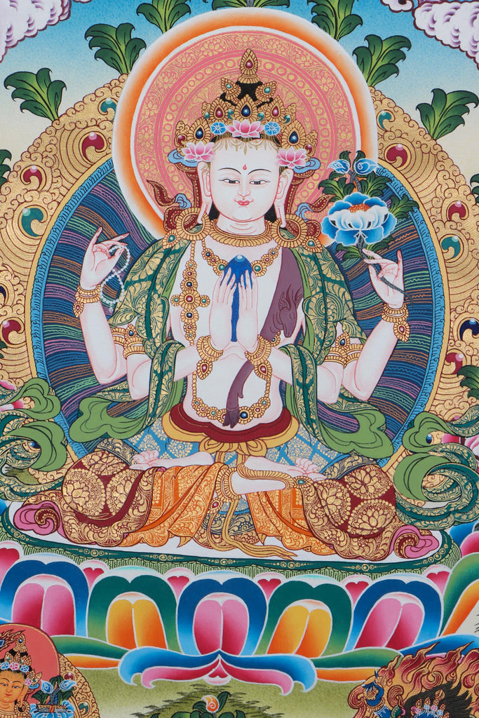 Avalokiteshvara form - Chengresi Thangka with Manjushri and Bajrapani 