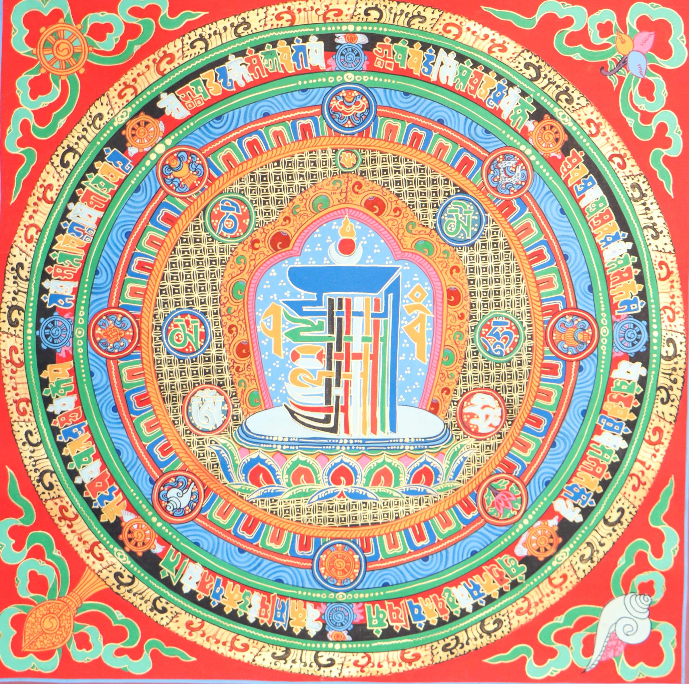 Kalchakra Syllables Mandala for positive energy with 8 auspicious symbol on Red color Thangka Painting for wall hanging 