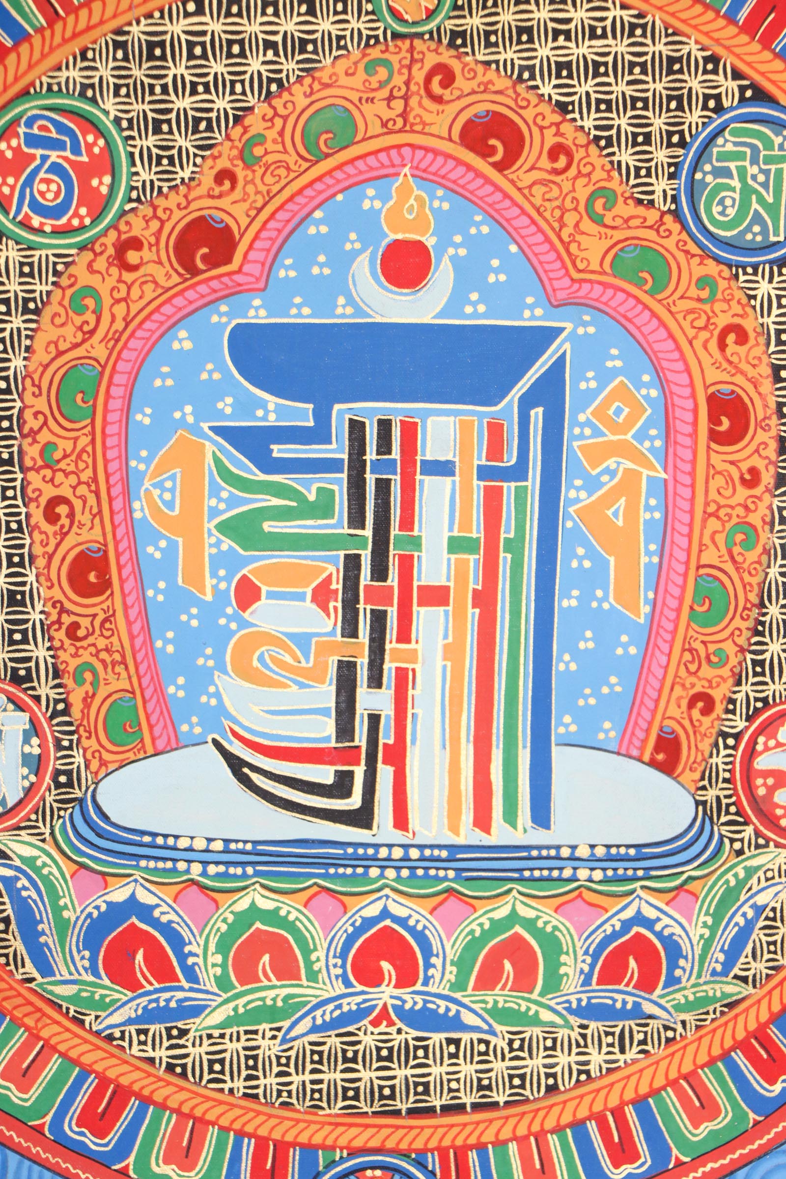 Kalchakra Syllables Mandala for positive energy with 8 auspicious symbol on Red color Thangka Painting for wall hanging 