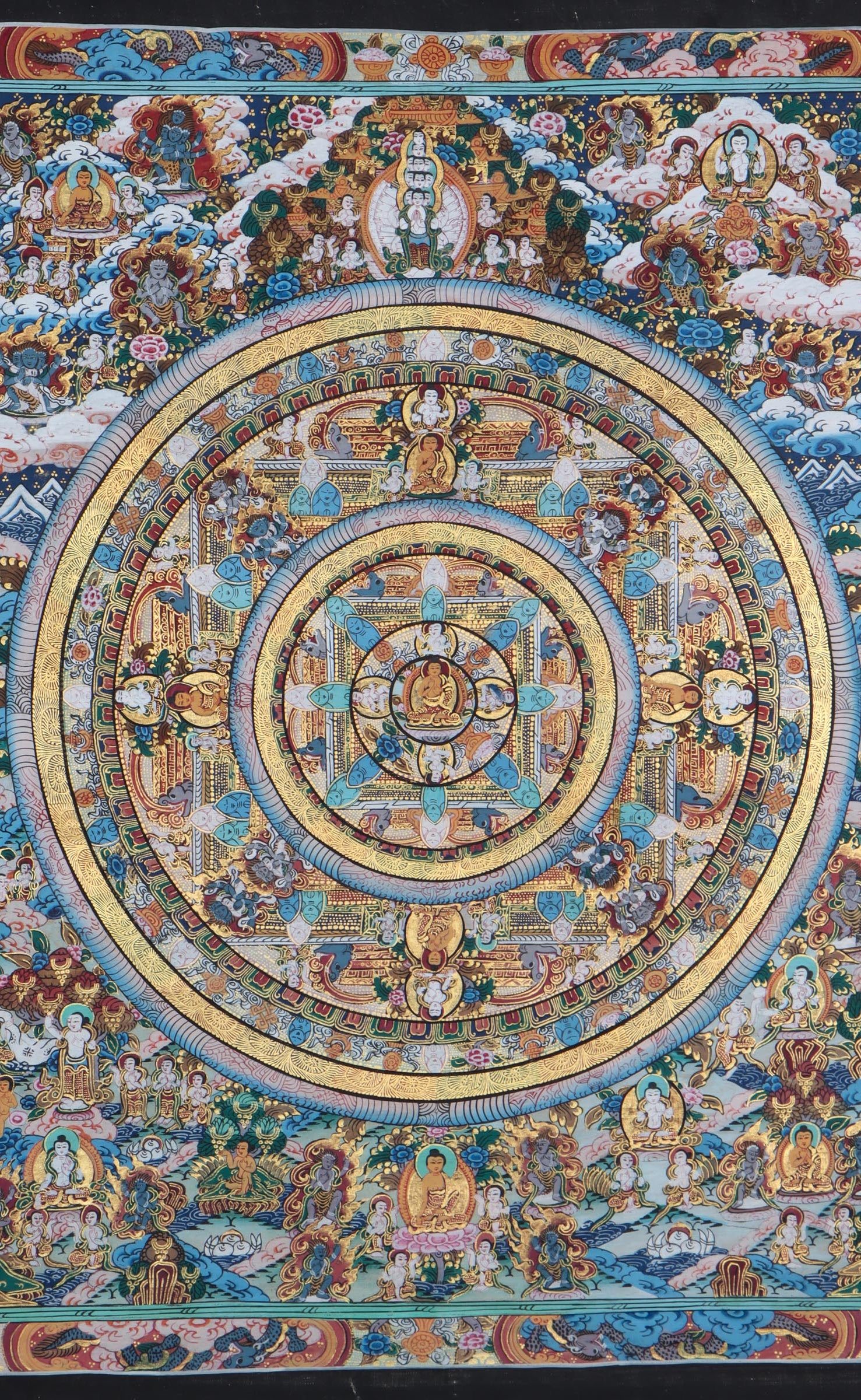 Calm Blue Buddha Mandala Thangka painting  depicts Buddha Life