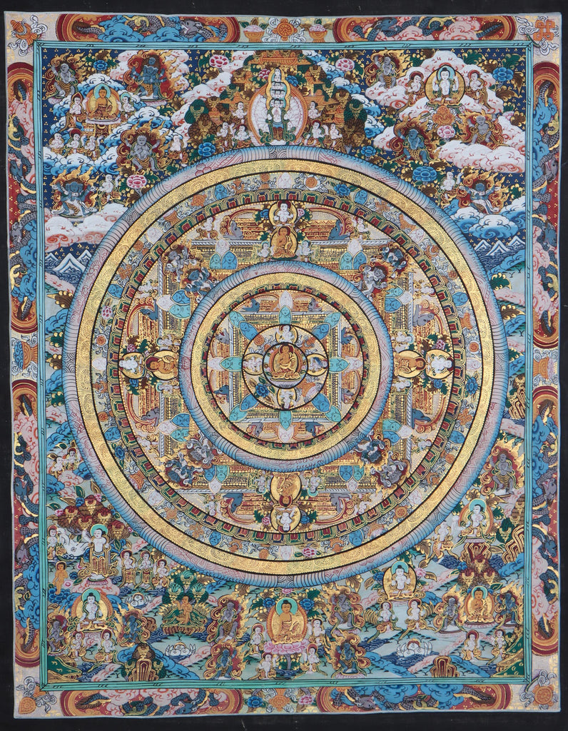 Calm Blue Buddha Mandala Thangka painting  depicts Buddha Life