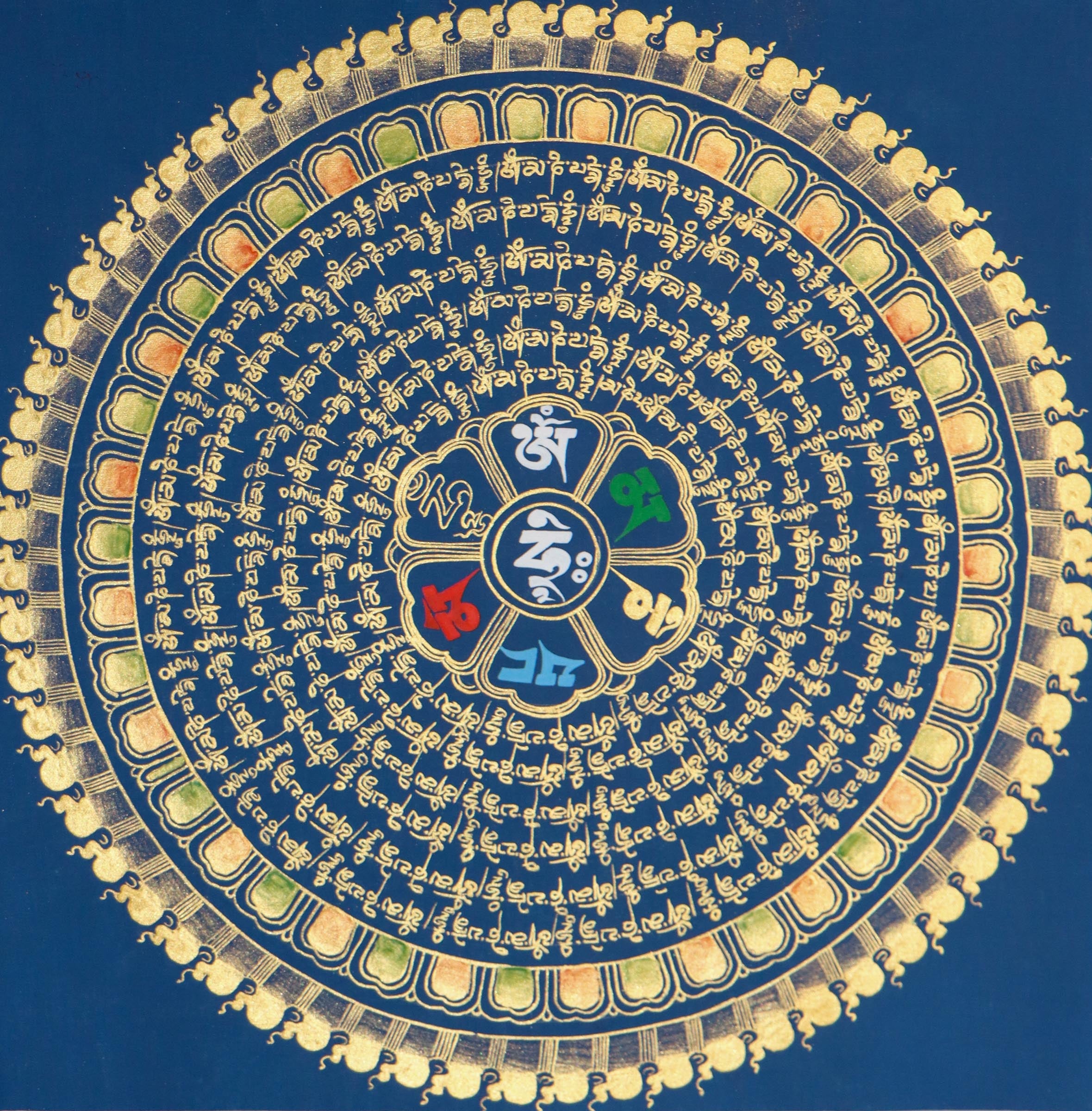 Blue Mantra Mandala Thangka with Om Mani Padme hum scripted in the centre.