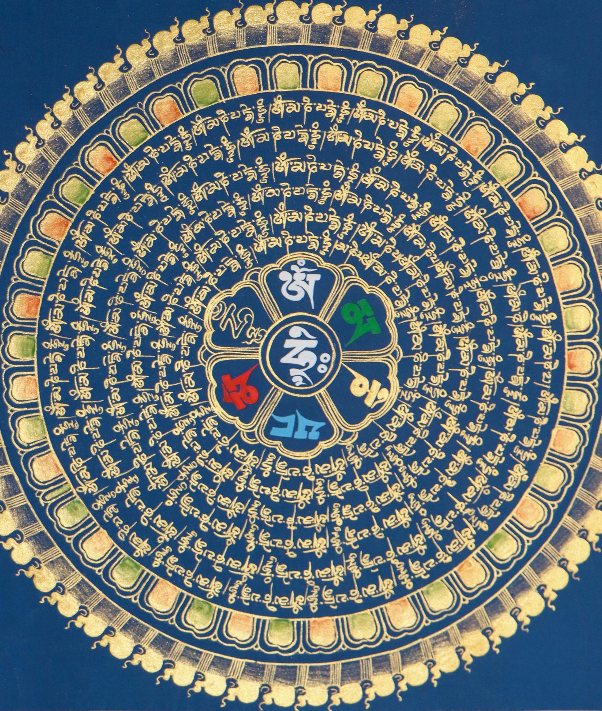 Blue Mantra Mandala Thangka with Om Mani Padme hum scripted in the centre.