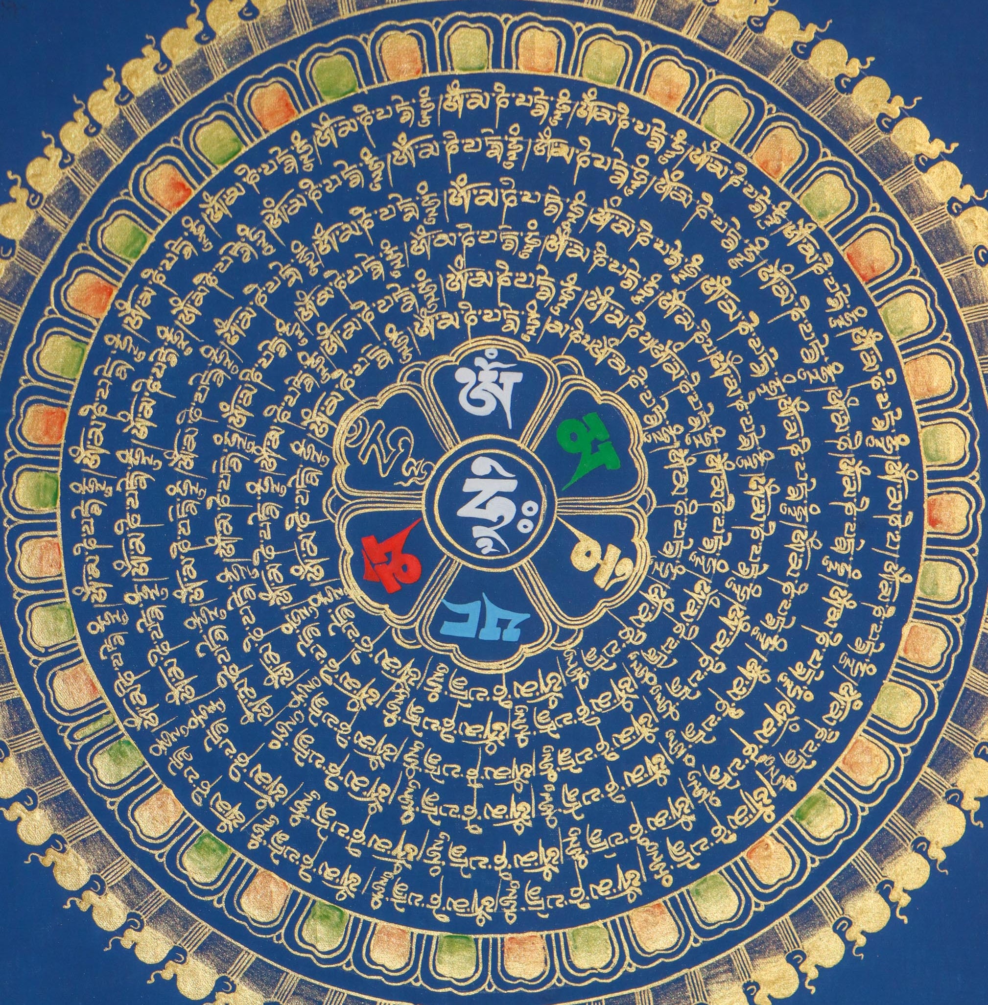 Mantra Mandala Thangka with Om Mani Padme hum scripted in the centre.