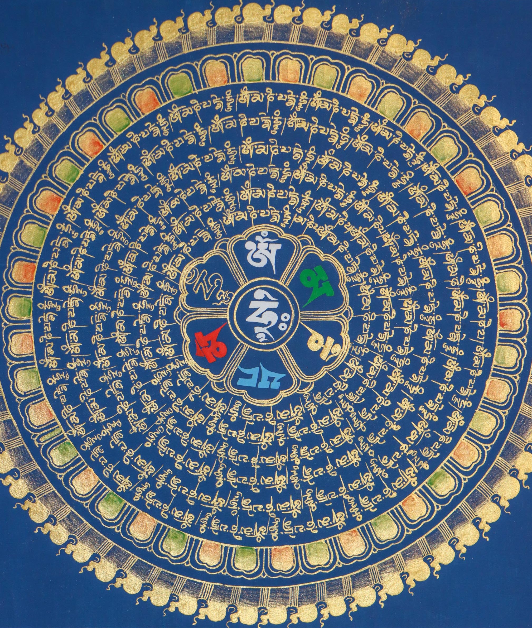 Mantra Mandala Thangka with Om Mani Padme hum scripted in the centre.