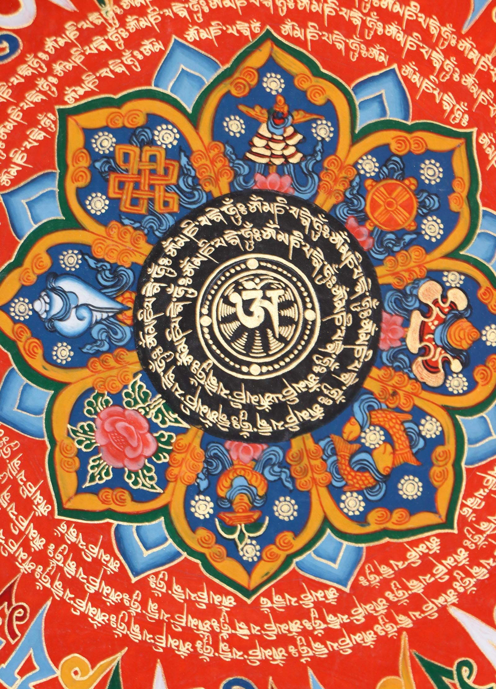 Hand painted Tibetan Mantra Mandala Thangka .8 auspicious symbol