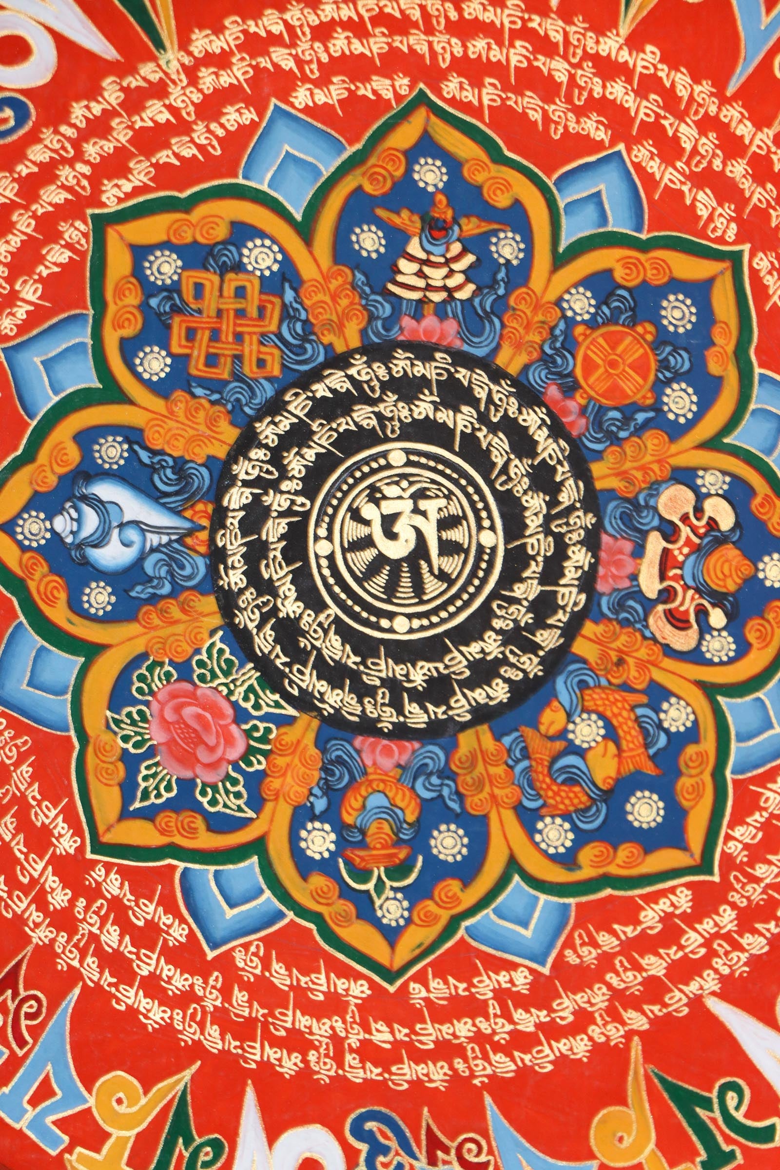 Hand painted Tibetan Mantra Mandala Thangka .8 auspicious symbol