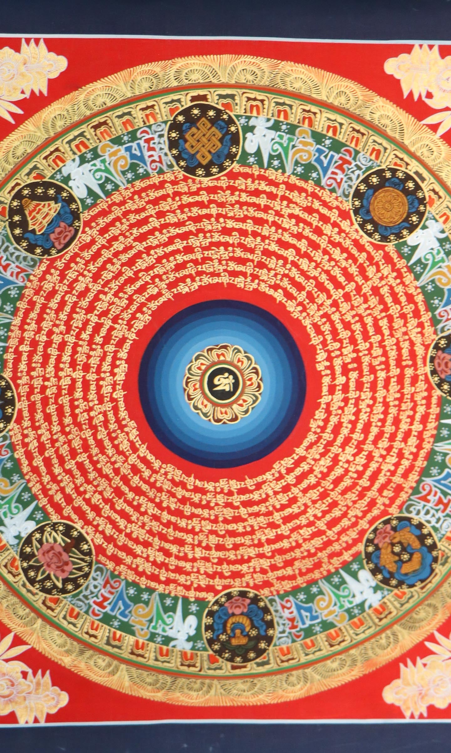 Beautiful  Mantra Mandala Thangka with 8 auspicious symbols .