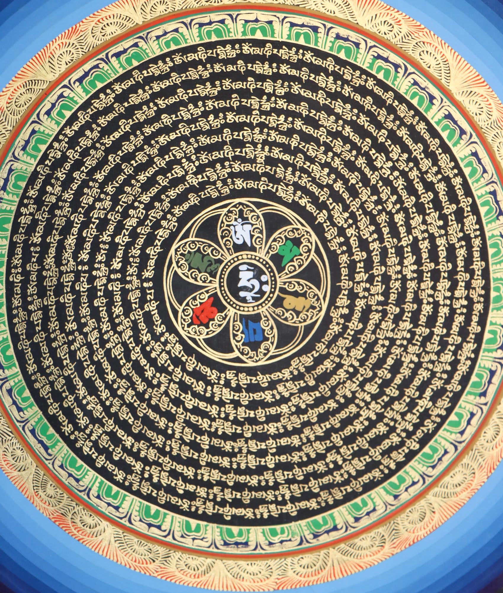 Mantra Mandala Thangka handpainted by skilled artisans .