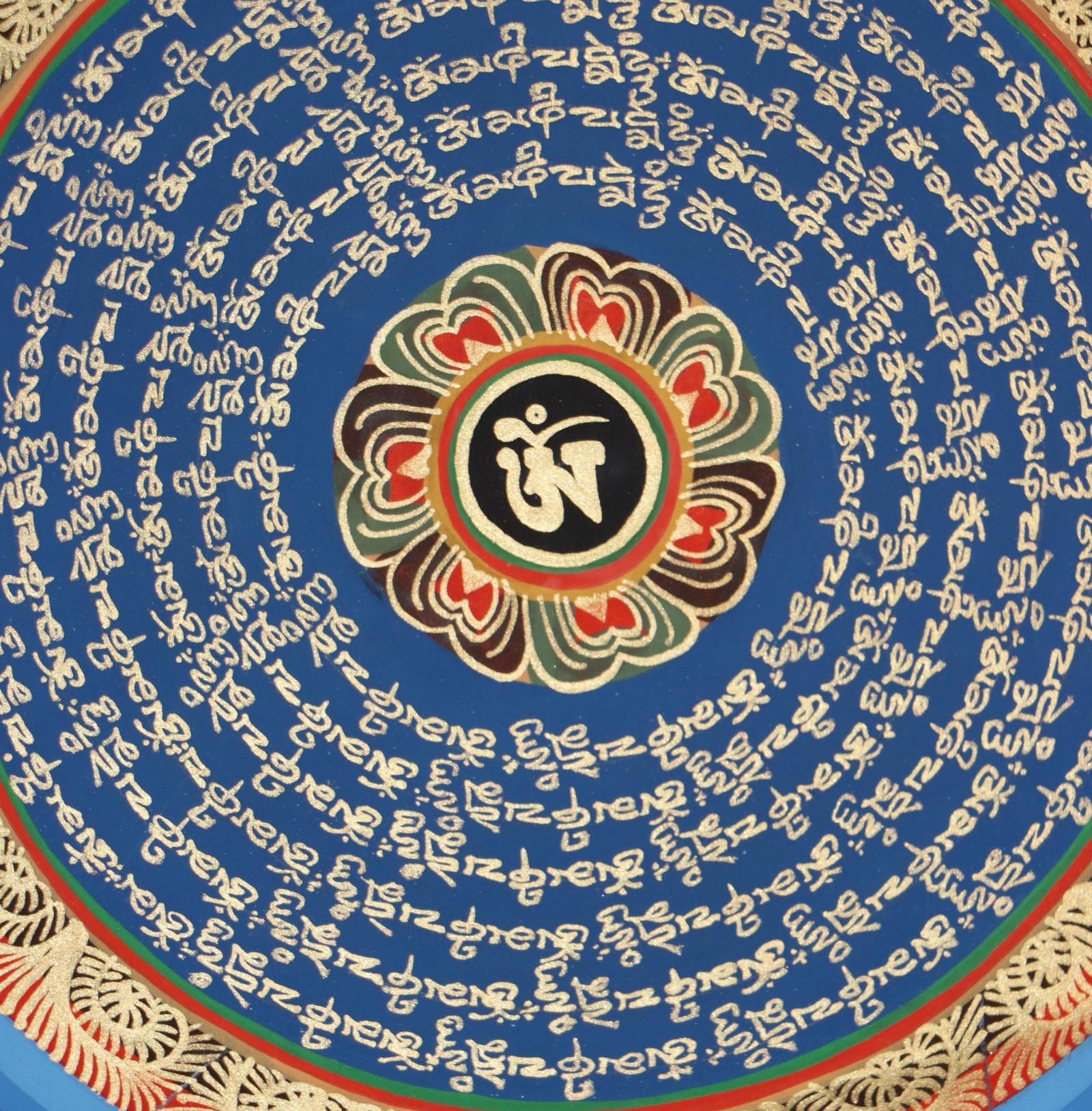 Mantra Mandala Thangka handpainted by skilled artisans .
