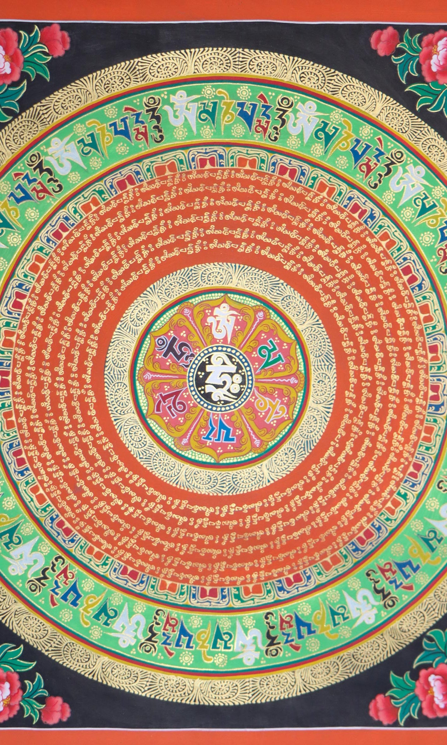 Black Mantra Mandala Thangka for meditation and spirituality .