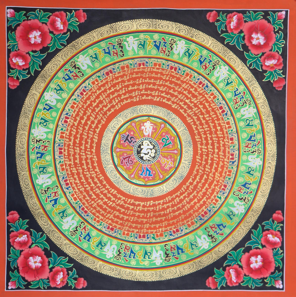Black Mantra Mandala Thangka for meditation and spirituality .