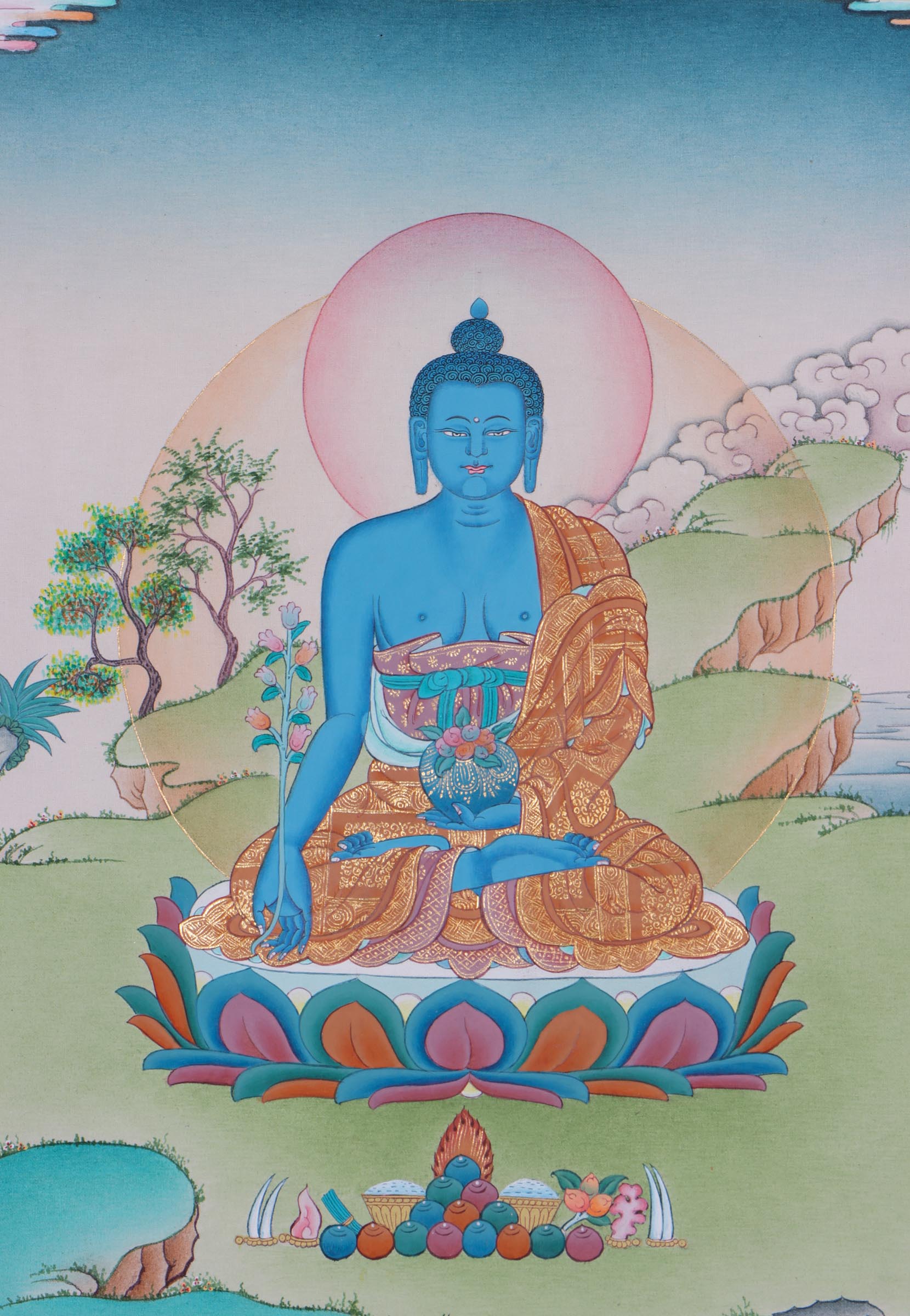 Medicine Buddha - Thangka painting with Spiritual energy for Buddhism practice of Healing Buddha