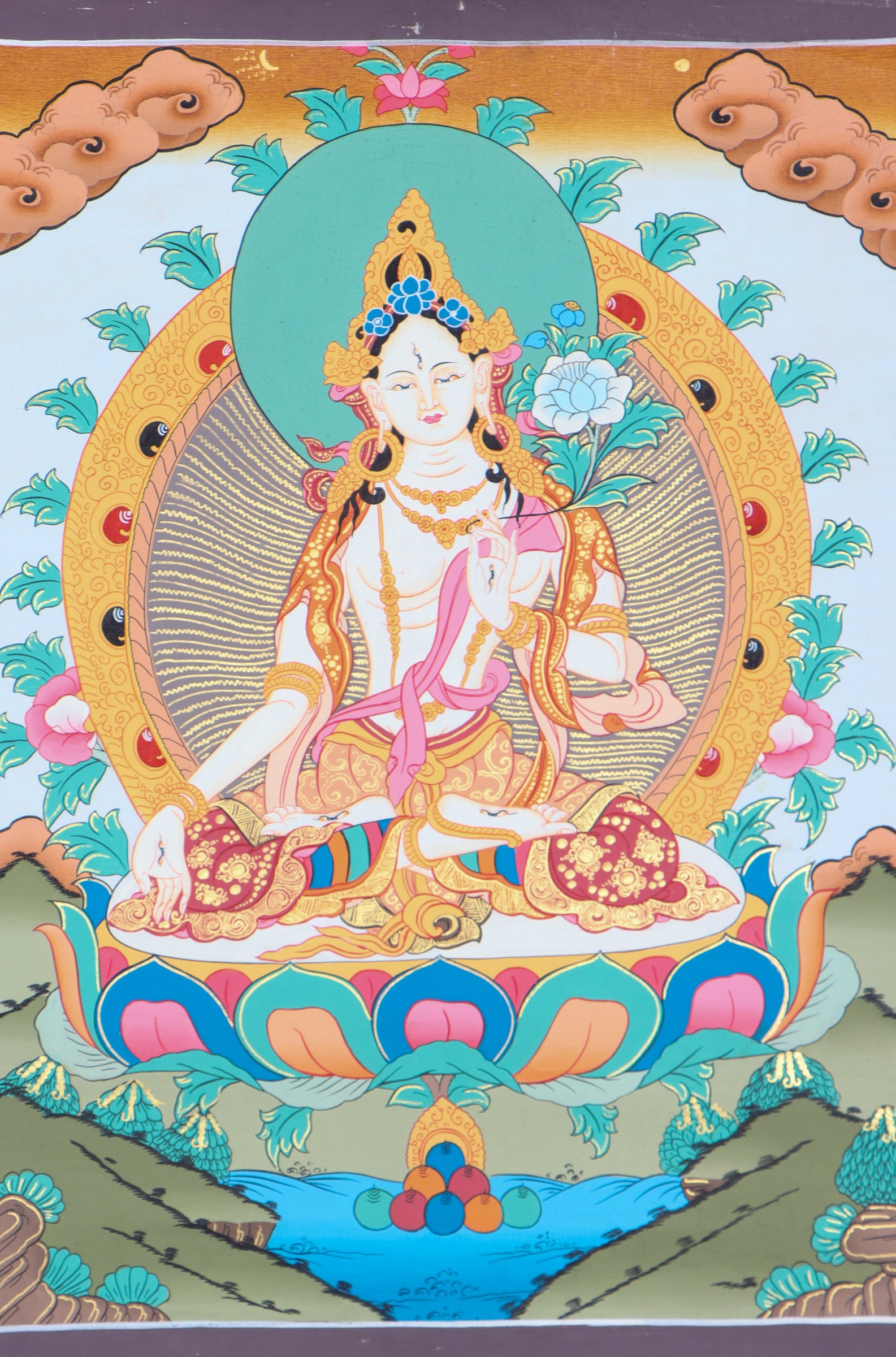 White Tara Thangka Painting for prayer and meditation.