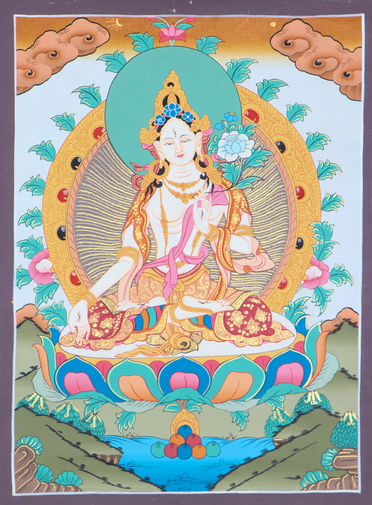 White Tara Thangka Painting for prayer and meditation.