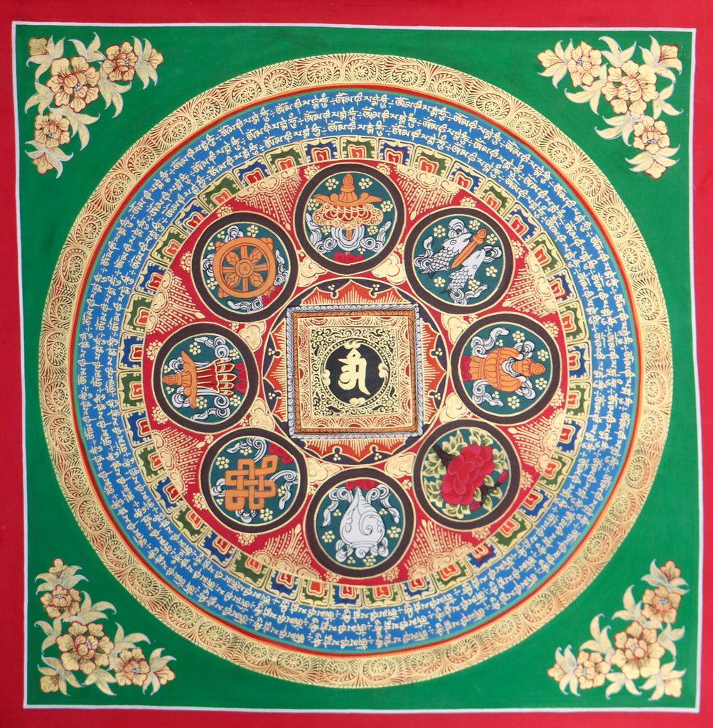 Green Mantra Mandala  Thangka with Eight Auspicious Symbols 