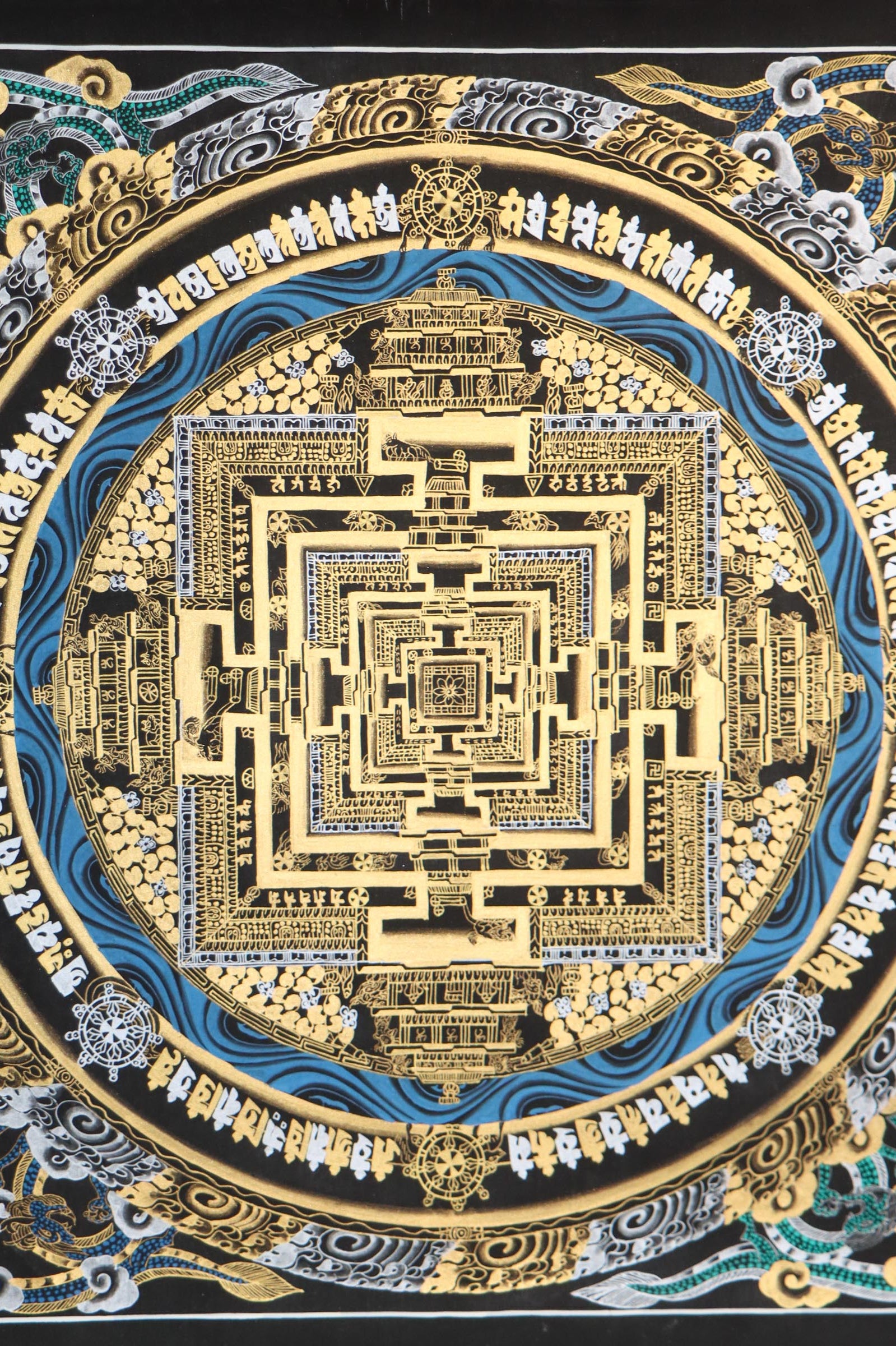 Gold and silver handpainted Kalachakra Mandala  Thangka for wall decor .